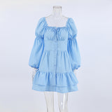 Women Dress Square Collar Puff Sleeve Dress