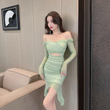 Women Maxi Dress Spring and Autumn Sexy High Elastic Mesh Long Sleeve Narrow Dress