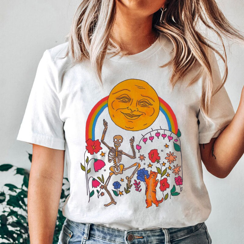 Women's Skeleton Print Grunge Aesthetic Goth T Shirt Sun