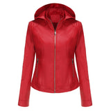 Red Leather Jacket Spring and Autumn Hooded Leather Coat Women's Detachable Hat Windproof Jacket