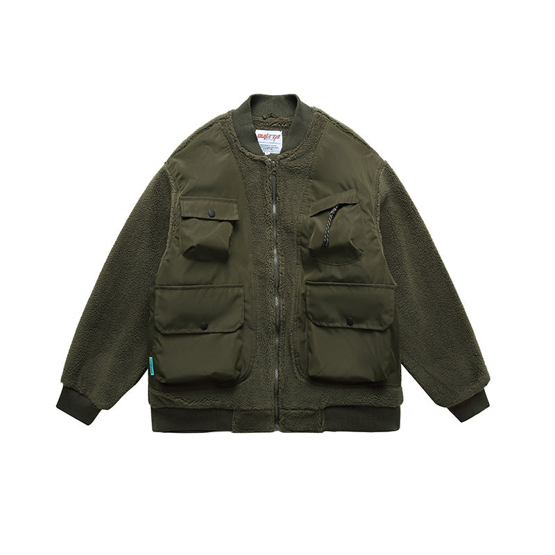 Unisex Winter Cotton Coat Stitching Lambswool Stand-up Collar Cotton-Padded Clothes Vintage Loose Cargo Cotton-Padded Jacket