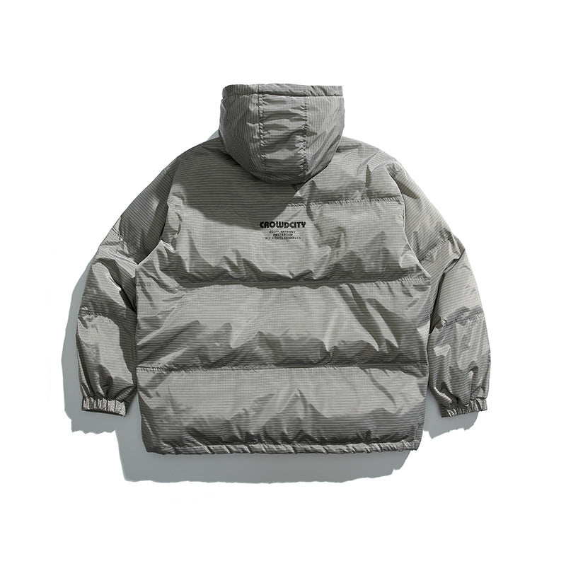 Unisex Winter Cotton Coat Plaid Decorative Hooded Cotton-Padded Coat Retro Detachable Hat Cotton-Padded Coat
