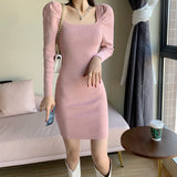 Women Maxi Dress Fall/Winter Square Collar Puff Sleeve Hip Knitwear Dress