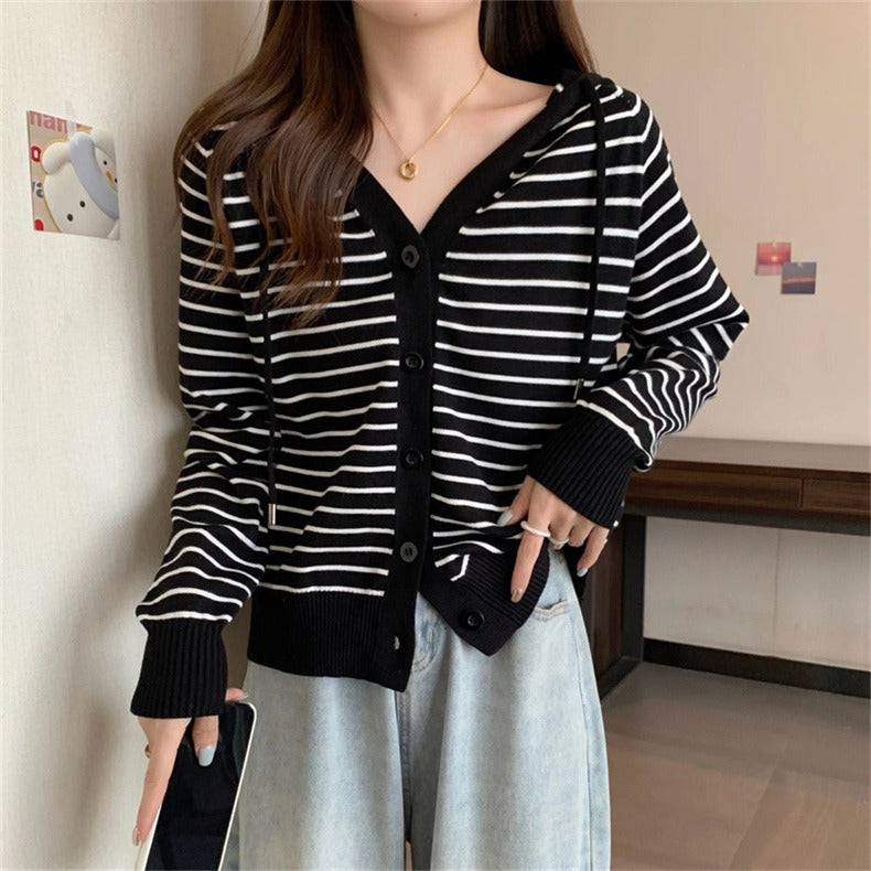 Women Knitwear Autumn and Winter Striped Hooded Sweater Loose Casual Knitted Cardigan