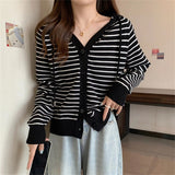 Women Knitwear Autumn and Winter Striped Hooded Sweater Loose Casual Knitted Cardigan