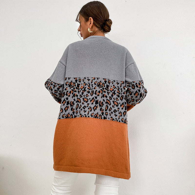 Women Knitted Sweater Autumn and Winter Loose Women's Clothing Leopard Print Contrast Color Long-Sleeve Cardigan Sweater