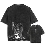 Summer Cotton Loose Washed Tops Tees Anime Print T-Shirt Men