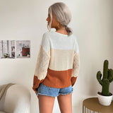 Women Knitted Sweater Autumn Breathable Hollow-out Spliced Long Sleeve round Neck Knitted Sweater