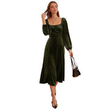 Women Dress Autumn Winter Retro Slim Fit Square Collar Long Sleeve Velvet Dress