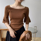Women Knitted T-shirt Bell Sleeve Solid Color T-shirt Summer round Neck Top