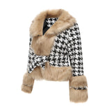 Women Trench Coat Autumn and Winter Plaid Coat Detachable Short Fur Collar Top Houndstooth