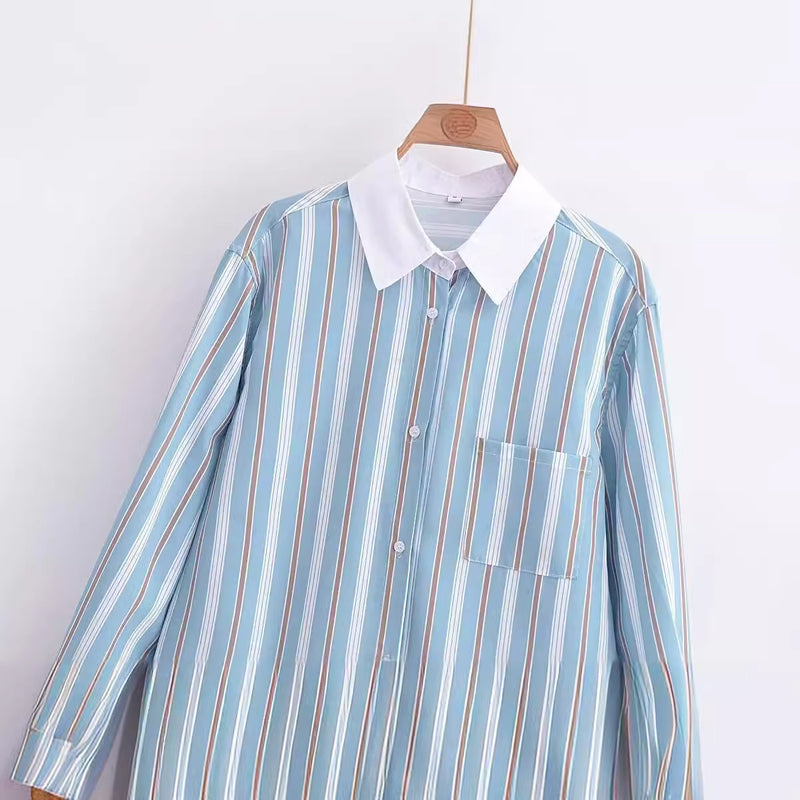 Women Tops Summer Loose-Fitting Striped Long Sleeves Shirt Single-Breasted Top