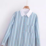 Women Tops Summer Loose-Fitting Striped Long Sleeves Shirt Single-Breasted Top