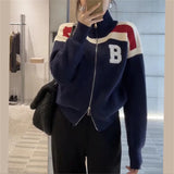 Women Knitted Cardigan Spring and Autumn Leisure Sweater Coat Zipped Stand Collar Knitted Cardigan