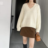 Women Winter Knitted Sweater V-neck Thick Sweater Autumn and Winter Loose-Fitting Long Sleeve Sweater H0001