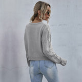 Women Knitted Sweater Autumn Loose Long Sleeve Thin Twist Solid Color Sweater