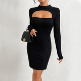 Women Dress Fall/Winter Slim Hip Knitwear Long Sleeve Mini Skirt Sexy Cutout Dress