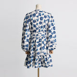 Women Dresses Spring V-neck Lantern Sleeve Dress Floral Skirt (Qymy0409)