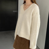 Women Winter Knitted Sweater V-neck Thick Sweater Autumn and Winter Loose-Fitting Long Sleeve Sweater H0001