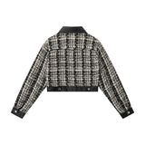 Women Jacket Houndstooth Fall Lapels Long Sleeve Stitching Leather Coat