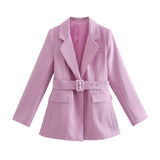 Women Suits Belt Purple Blazer Autumn Leisure Suit