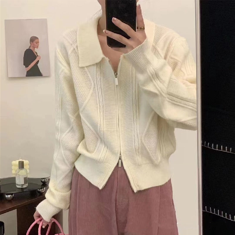 Women Knitted Cardigan Retro Plaid Double Zipper Lapel Knitted Cardigan Sweater Coat
