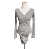 Women Dresses Blue V-neck Dress Long Sleeve Hip Skirt Skirt