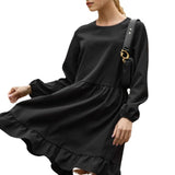 Women Dress Loose Black Ruffled Dress round Neck Puff Sleeve Short Skirt