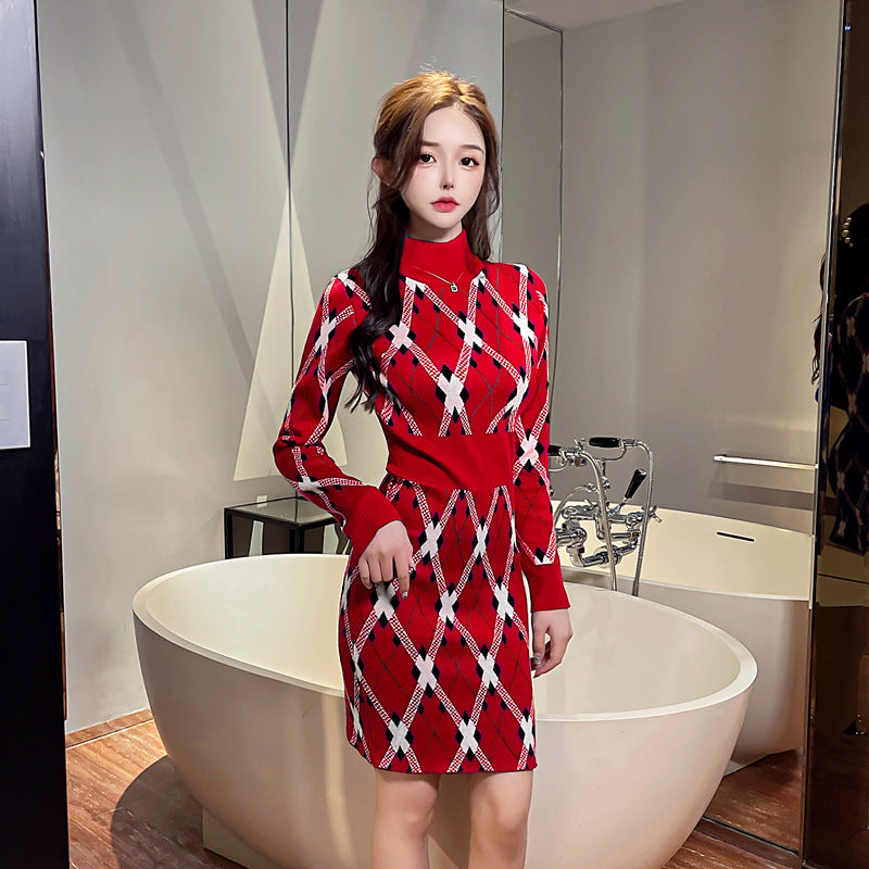 Women Maxi Dress Autumn and Winter Turtleneck Knitted Sweater Dress