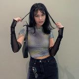 Women T-shirt Dotted Prints Mesh Oversleeve Casual Slim T-shirt