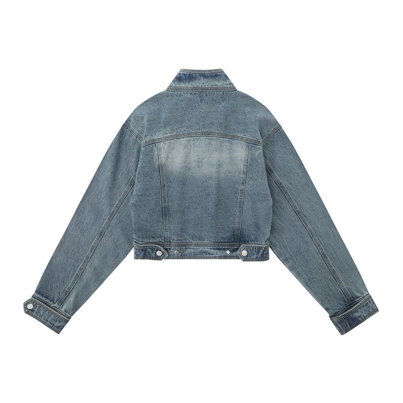 Women Jacket Distressed Short Denim Jacket Autumn Leisure Stand Collar Denim Clothes Jacket