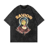 Men T Shirt Vintage Angel Print Wash Short Sleeve T-shirt