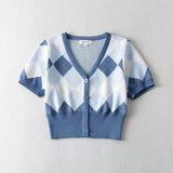 Women Sweater Knitwear V-neck Tight Waist Diamond Plaid Knitted Cardigan Single-Breasted Short Sleeve Top
