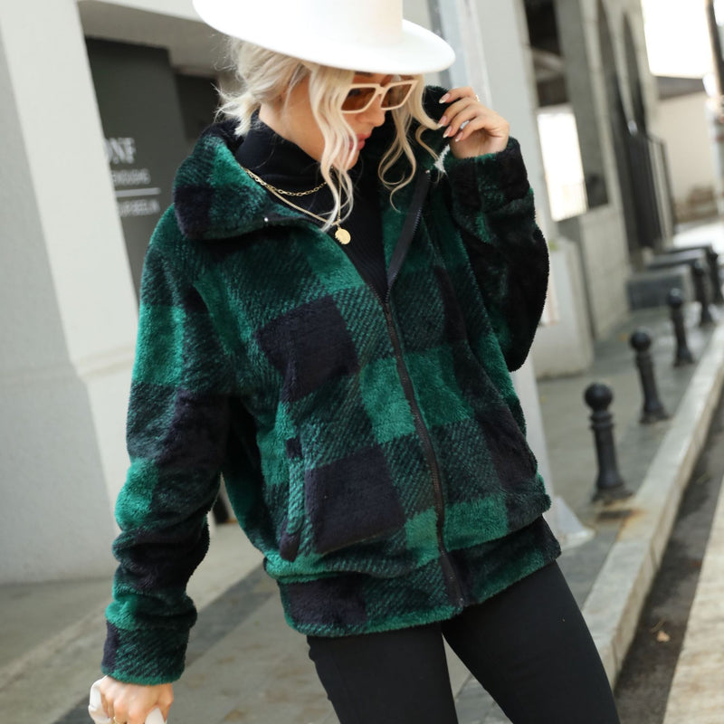 Women Trench Coat Women's Autumn and Winter Clothing Long Sleeve Stand Collar Plaid Printed Long Zipper Double-Sided Plush Coat