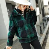 Women Trench Coat Women's Autumn and Winter Clothing Long Sleeve Stand Collar Plaid Printed Long Zipper Double-Sided Plush Coat