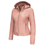 Red Leather Jacket Spring and Autumn Hooded Leather Coat Women's Detachable Hat Windproof Jacket