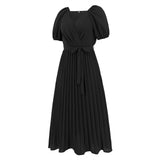 Women Date Dress Summer V-neck Puff Sleeve Lace-up Pleated Dress