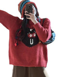 Women Knitted Pullover Heart Smiling Face Embroidery round Neck Sweater Autumn and Winter Loose Knitwear