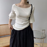 Women Knitted T-shirt Bell Sleeve Solid Color T-shirt Summer round Neck Top