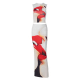 Women Co-Ord Set Sleeveless Short Cropped Tank Top Slim-Fit Sheath Dress Two-Piece Set