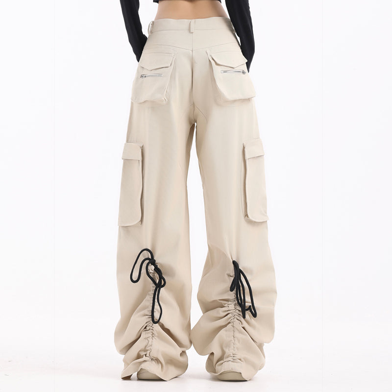 Men Sweatpants Multi-Pocket Workwear Wide Leg Pants Drawstring Ruffle Straight Long Pants