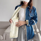 Women Jacket Fall and Winter Lapels Loose Long Sleeve Denim Shirt
