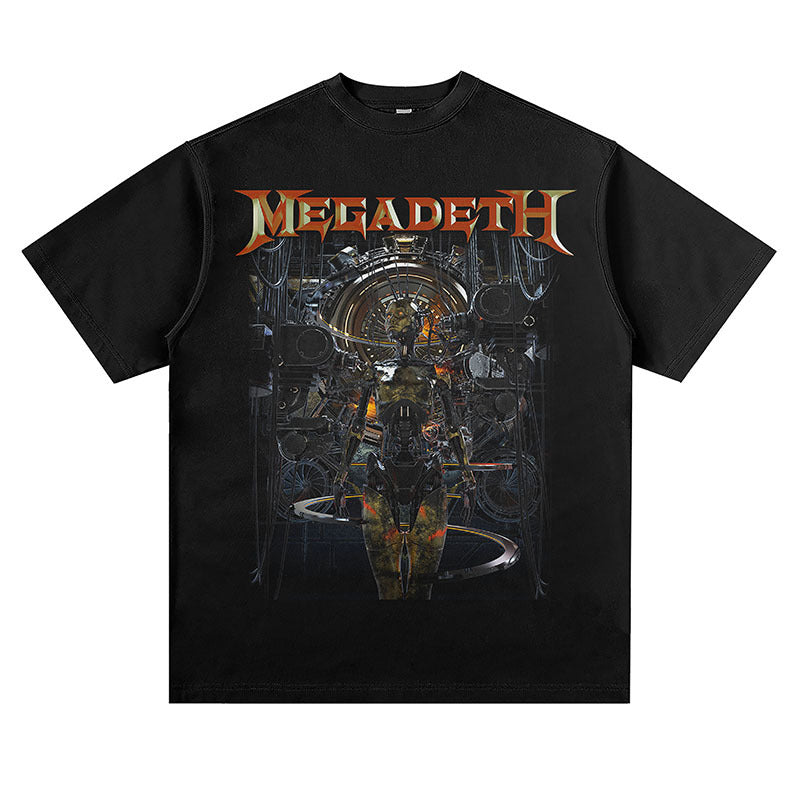 Mens Vintage Rock Band T-Shirt Vintage Megadeth Print Short Sleeve T-Shirt Loose Hip Hop