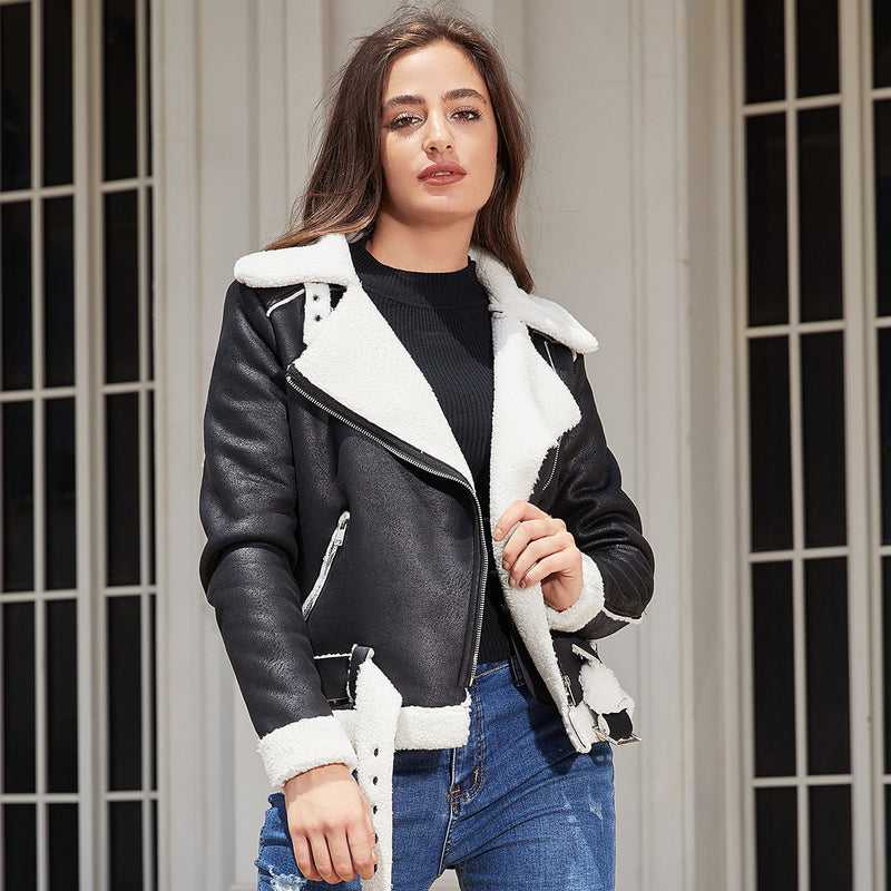 Red Leather Jacket Fall/Winter Suede Fabric Jacket Turn-down Collar Coat