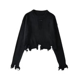 Women Sweater Knitwear round Neck Ripped Fringed Burr Loose Long Sleeve Short Sweater