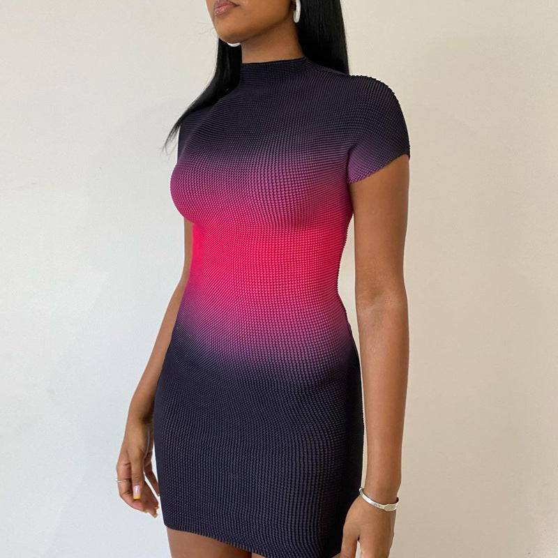 Women Dresses Summer Casual Printed Slim round Neck Short Sleeve Sheath Dress