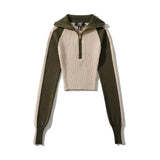 Women Sweater Knitwear Autumn Sexy Hot Girl High Collar Short Section Retro Contrast Color Raglan Knitted Coat