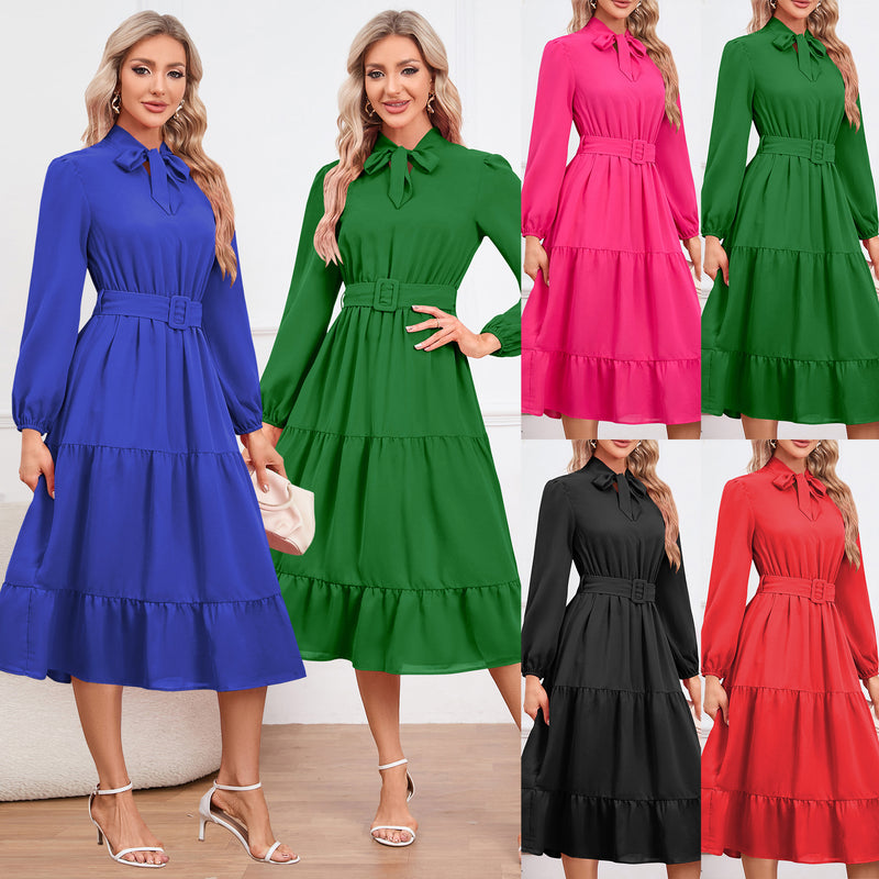 Women Date Dress Stand-up Collar Bowknot Dress Autumn and Winter