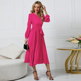 Women Date Dress Sexy V-neck Bubble Lantern Sleeve Pleated Skirt