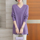 Women Knitwear Autumn and Winter V-neck Mid-Length Knitwear Loose Sweater